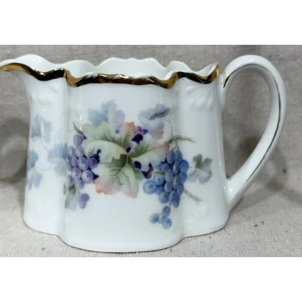 Antique ZS & Co Bavaria Porcelain Sugar Bowl and Creamer Set Gilt Grapes c. 1900